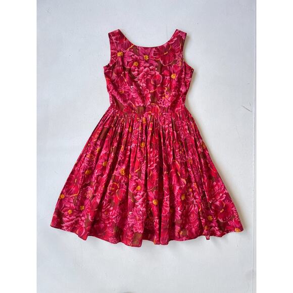 Vtg 90s Red Floral Sleeveless Pleated Cotton Dress Size 8 Retro 50's 60's Style - Picture 5 of 7